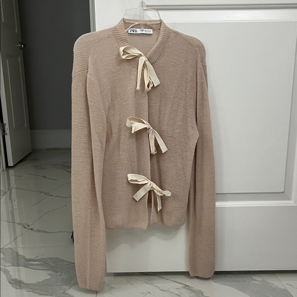 Zara Women's Beige Cardigan with Ribbon Details